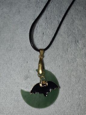 Gold and Black Bat Pendant Necklace with Green Crescent Stone - Handmade Jewelry
